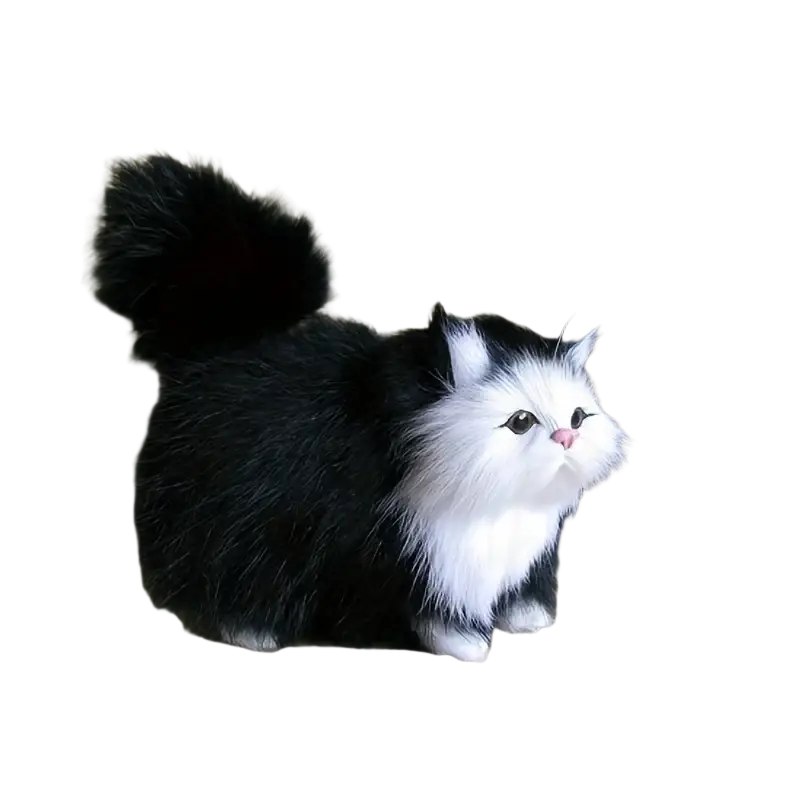 A plush black and white simulation cat plush with fluffy tail and soft synthetic fur realistic kitten toy