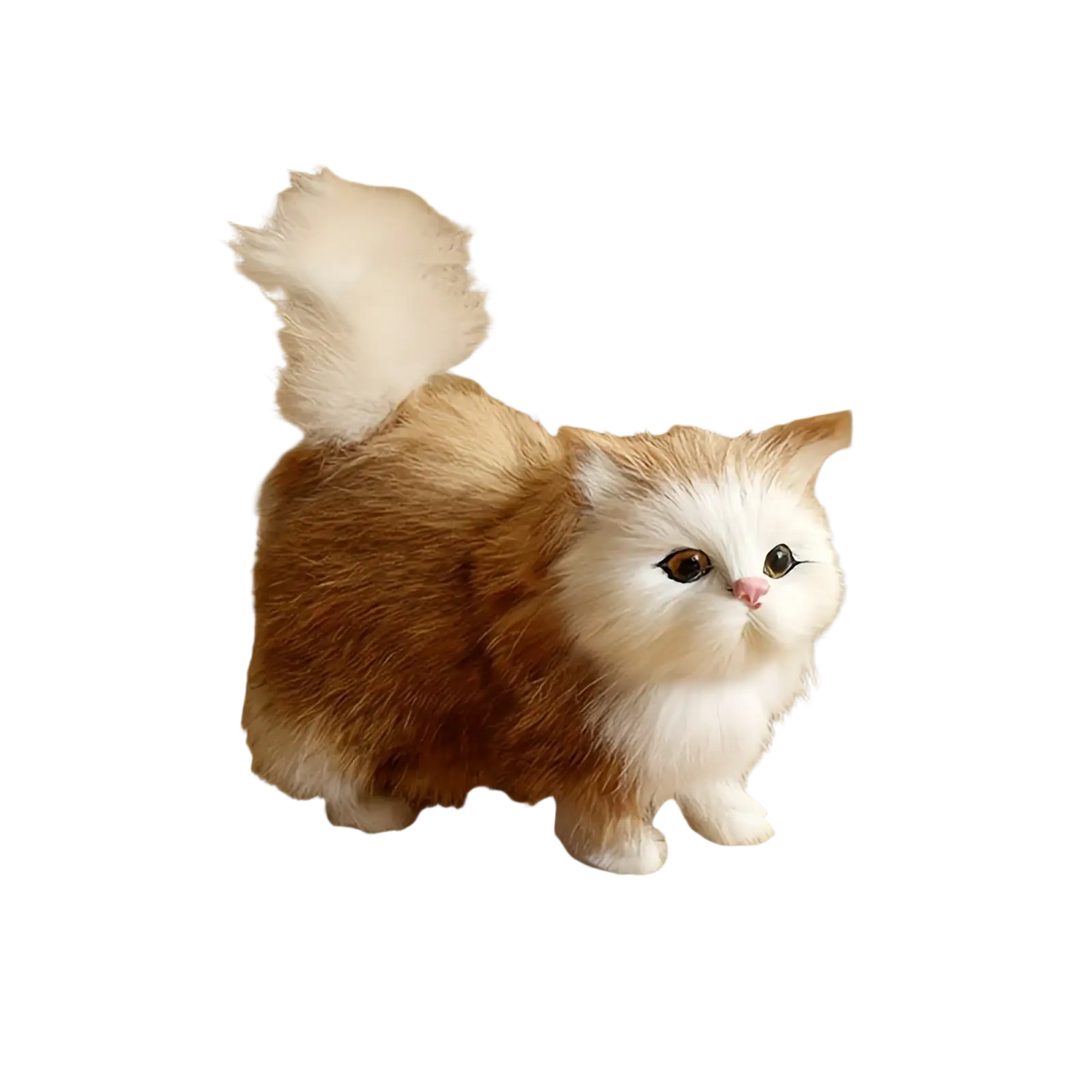 A plush fluffy ginger and white simulation cat plush with detailed black eyes and a pink nose realistic kitten toy