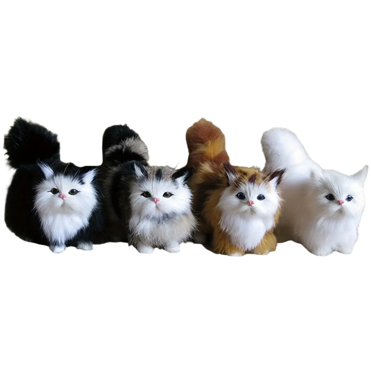 Four simulation cat plush stuffed realistic kitten toys with long fur and expressive eyes in varied natural colors