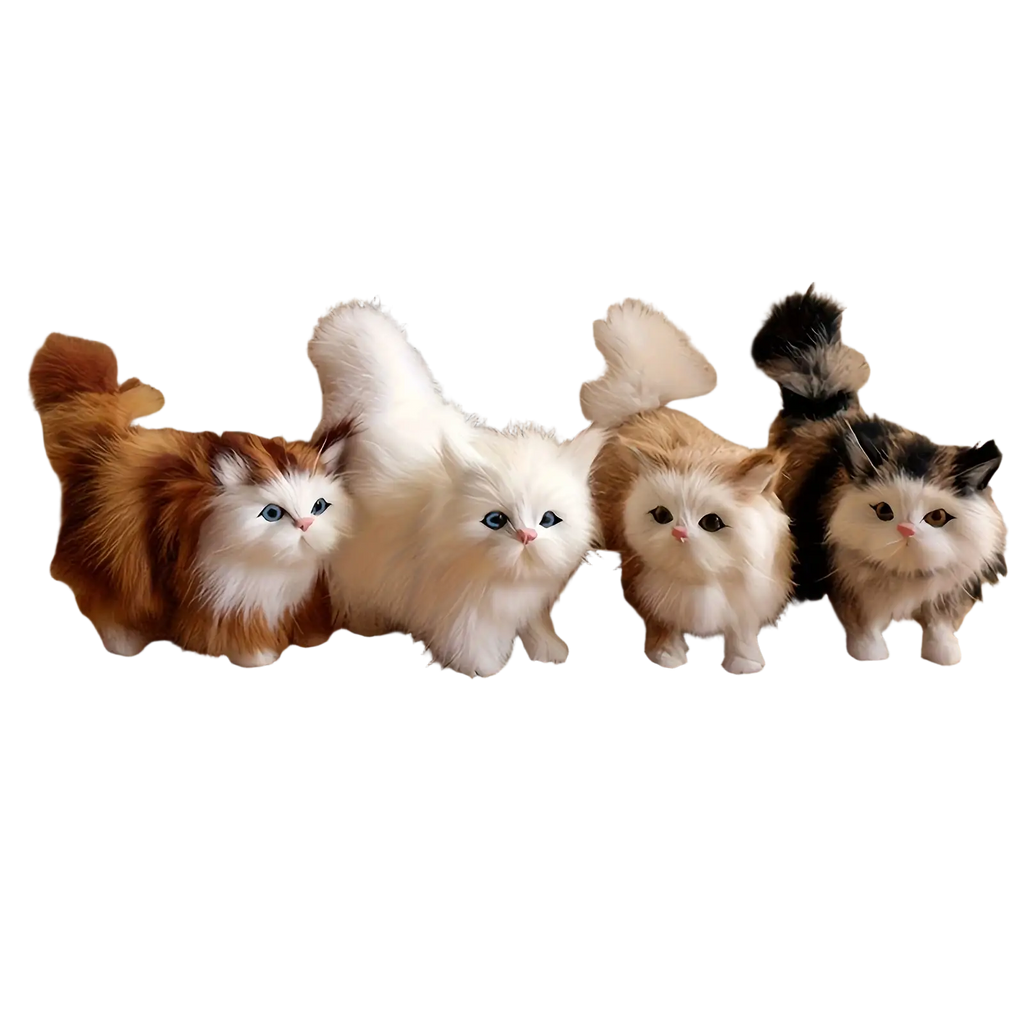 Four simulation cat plush stuffed realistic kitten toys with long fur in white orange tabby calico and black and white colors