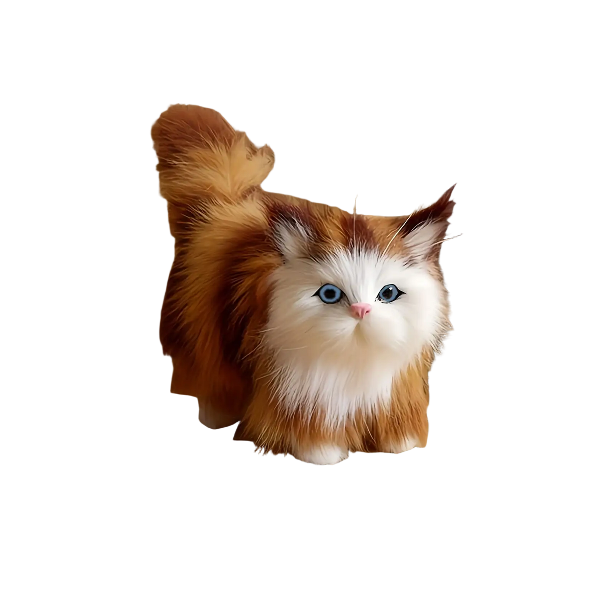 A simulation cat plush stuffed realistic kitten toy with long white and orange fur, blue eyes, and pink nose