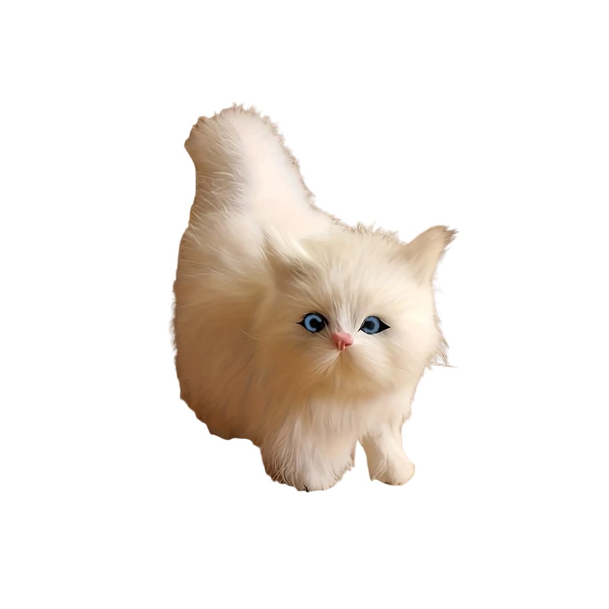 A simulation cat plush white kitten figurine with blue eyes and pink nose made from soft synthetic fur