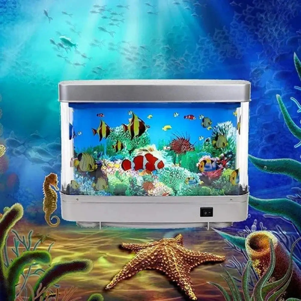 Led tropical fish aquarium motion night light featuring a rectangular silver frame with colorful fish and coral reef décor