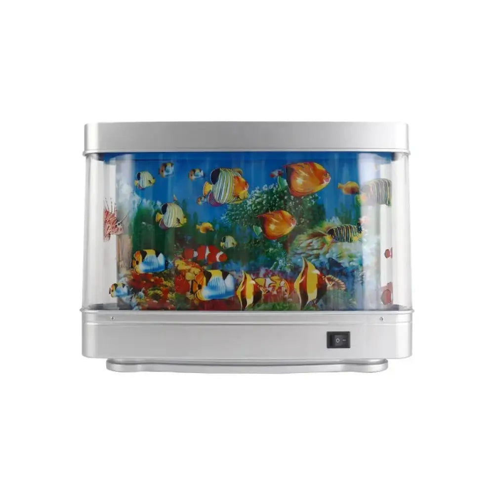 Silver-framed led tropical fish aquarium night light with colorful printed fish and coral designs on glass