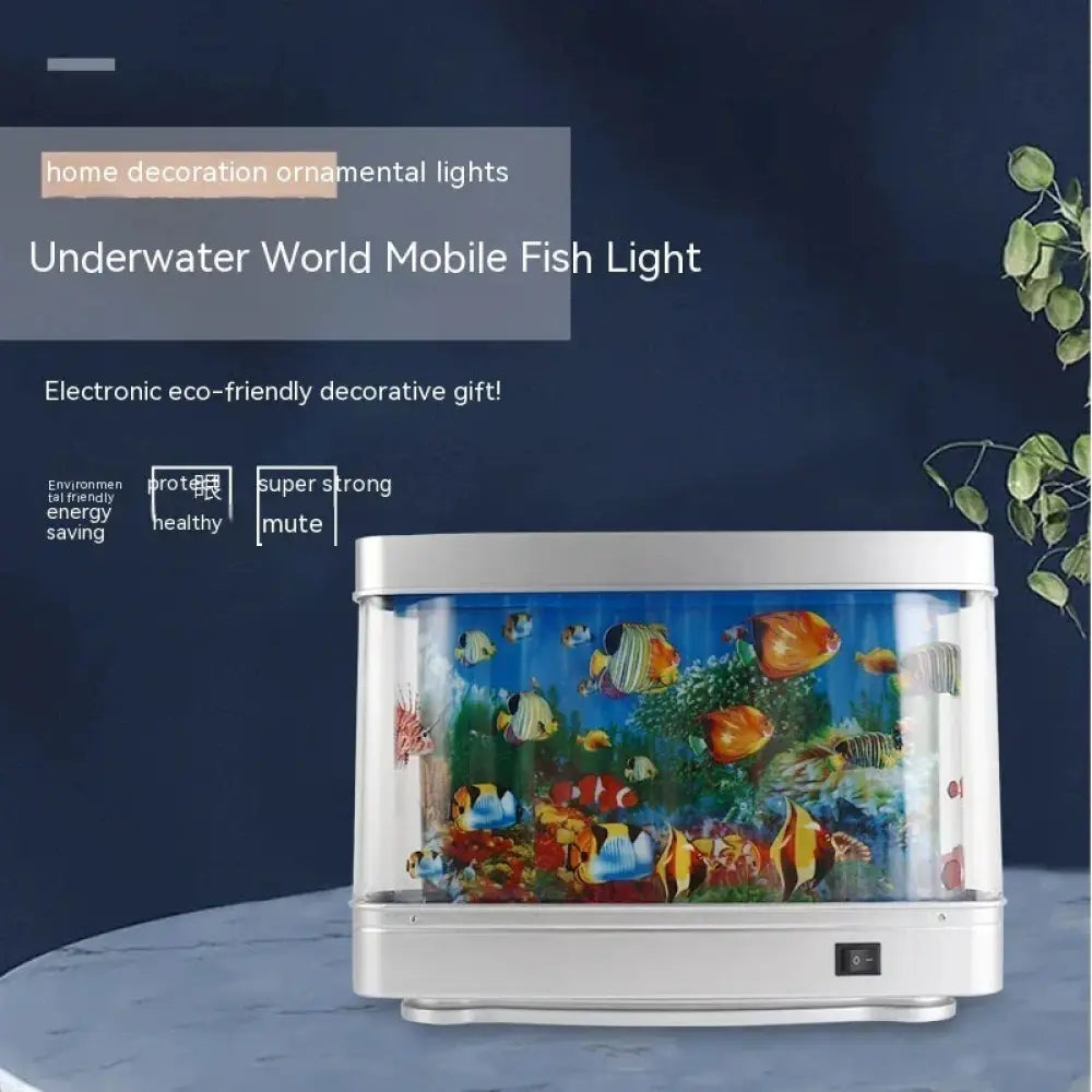 Led tropical fish aquarium motion night light with white rectangular design and clear acrylic tank displaying colorful coral reef
