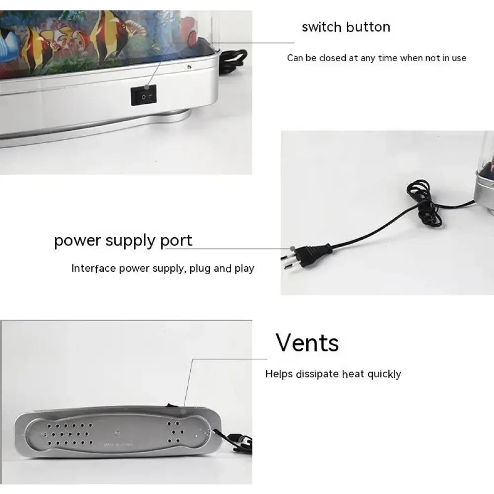 Silver electric fish tank heater with clear glass top featuring colorful cartoon fish and black power cord for aquarium use
