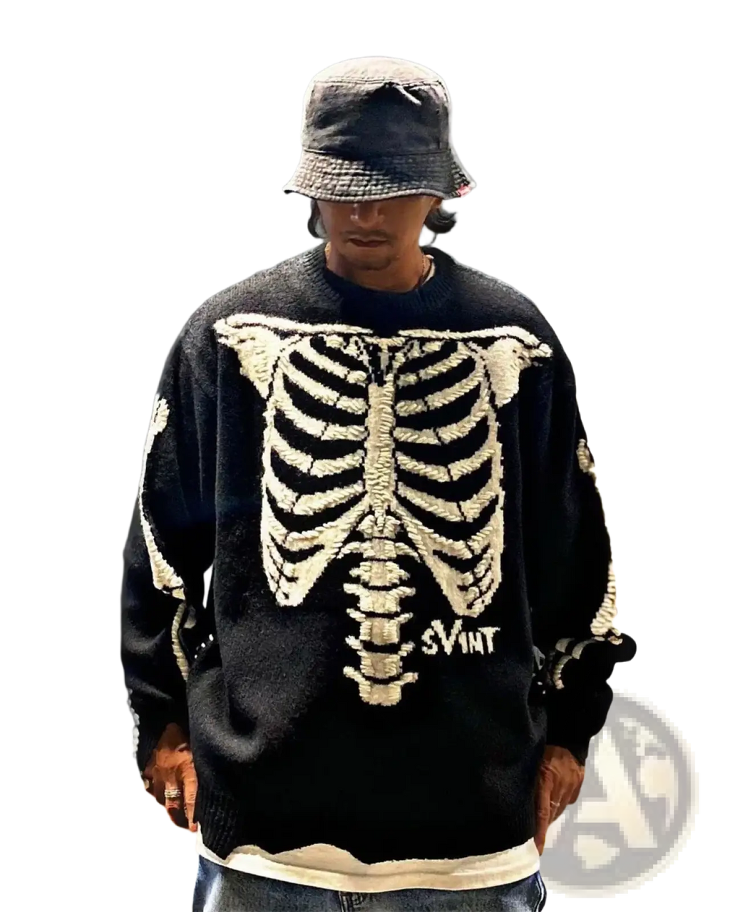 Sin embroidered black oversized knit sweater with cream ribcage design and svint branding on the chest