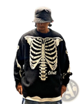 Sin embroidered black oversized knit sweater with cream ribcage design and svint branding on the chest