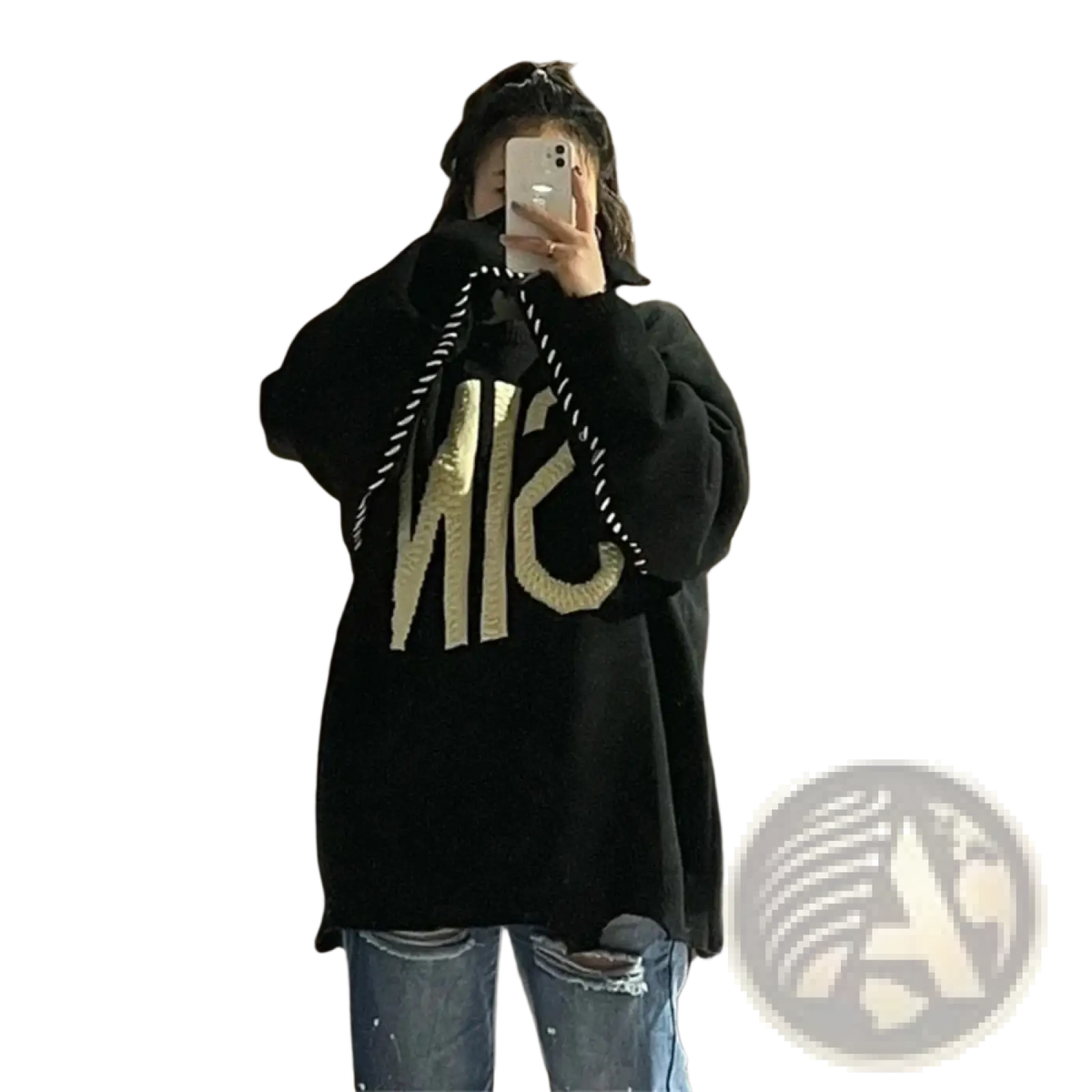 Black oversized knit sweater featuring bold gold embroidered sin lettering on the front