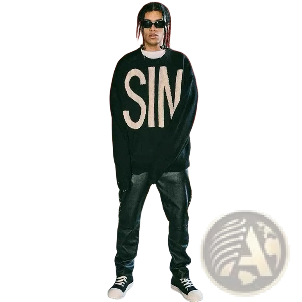 Black oversized knit sweater with bold white sin embroidered lettering across the front