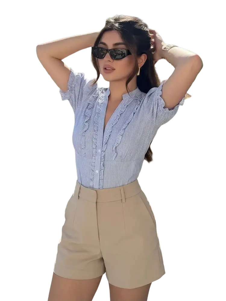 Single breasted blue and white striped blouse with ruffled front placket and short sleeves for stylish wear