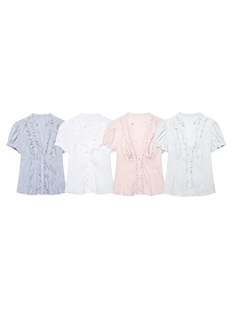 Single breasted short sleeve blouse tops in pastel blue white pink and light gray with ruffled front placket detailing