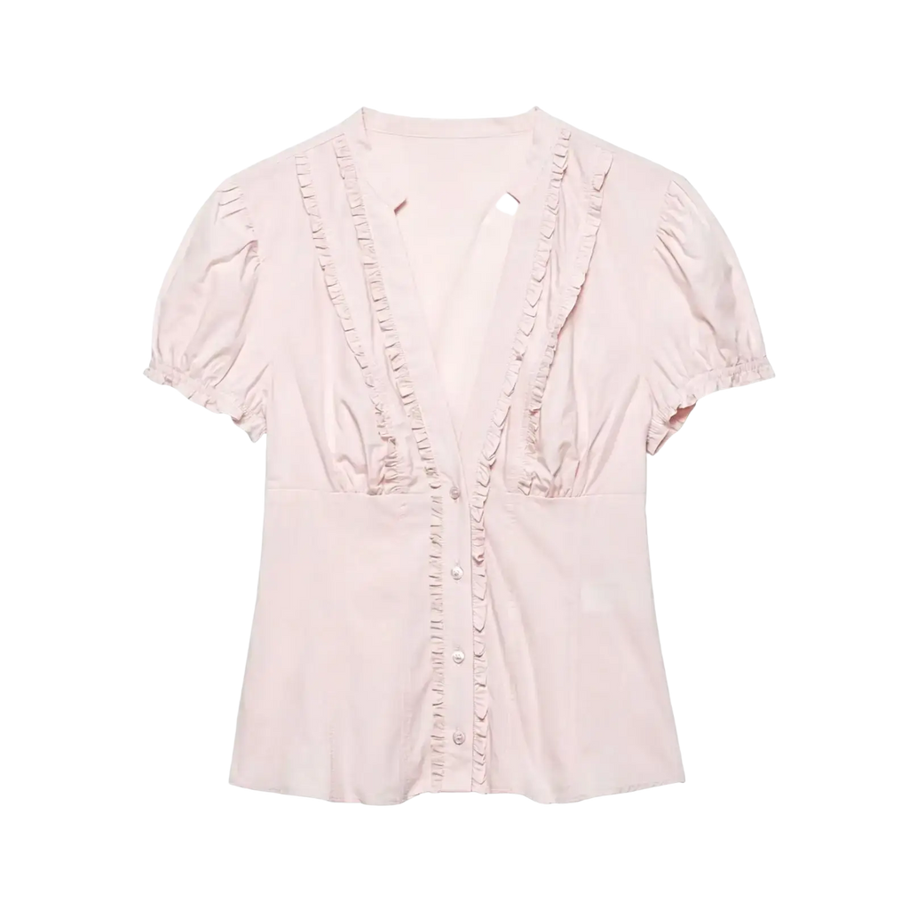 Single breasted blush pink blouse with short puffed sleeves and ruffled trim along neckline and sides