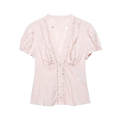 Single breasted blush pink blouse with short puffed sleeves and ruffled trim along neckline and sides