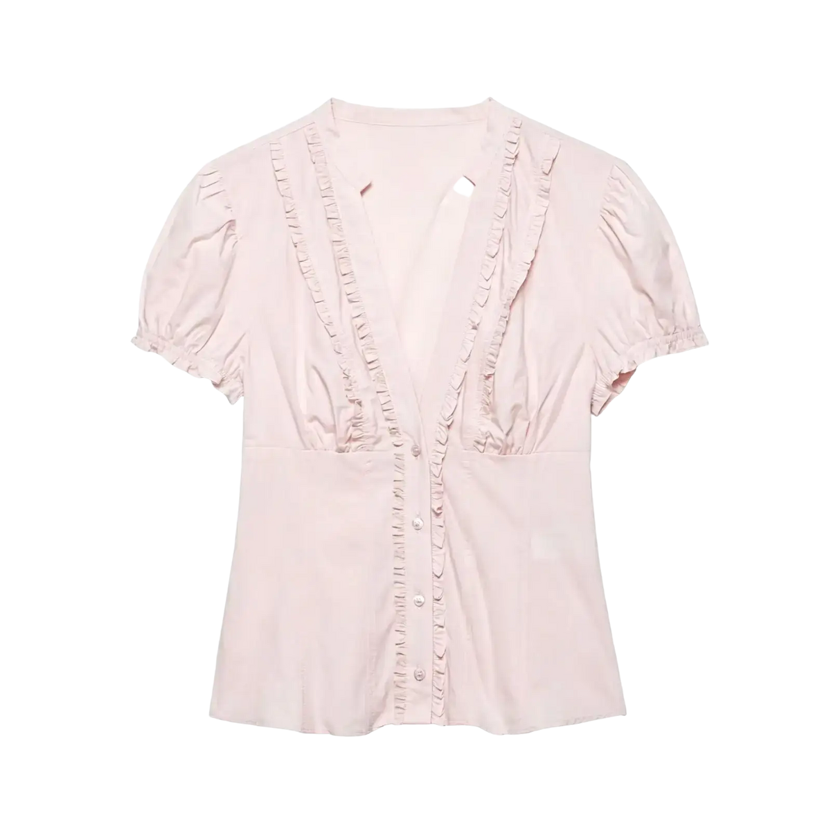Single breasted blush pink blouse with short puffed sleeves and ruffled trim along neckline and sides