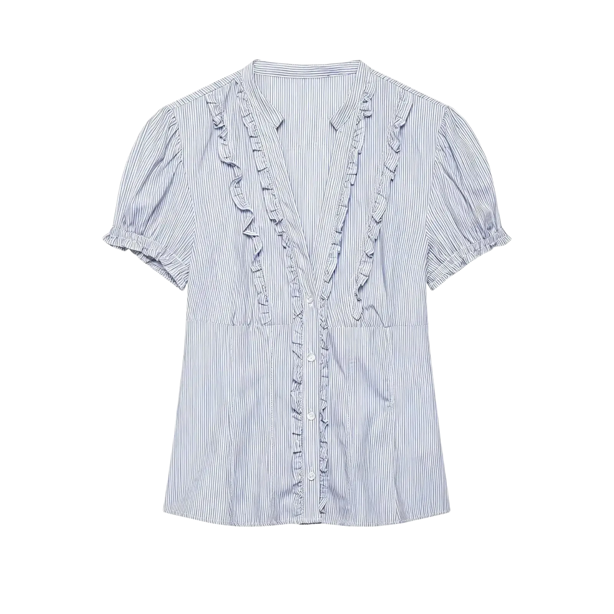 Single breasted feminine short sleeve blouse with blue and white vertical stripes and ruffled detailing on front placket