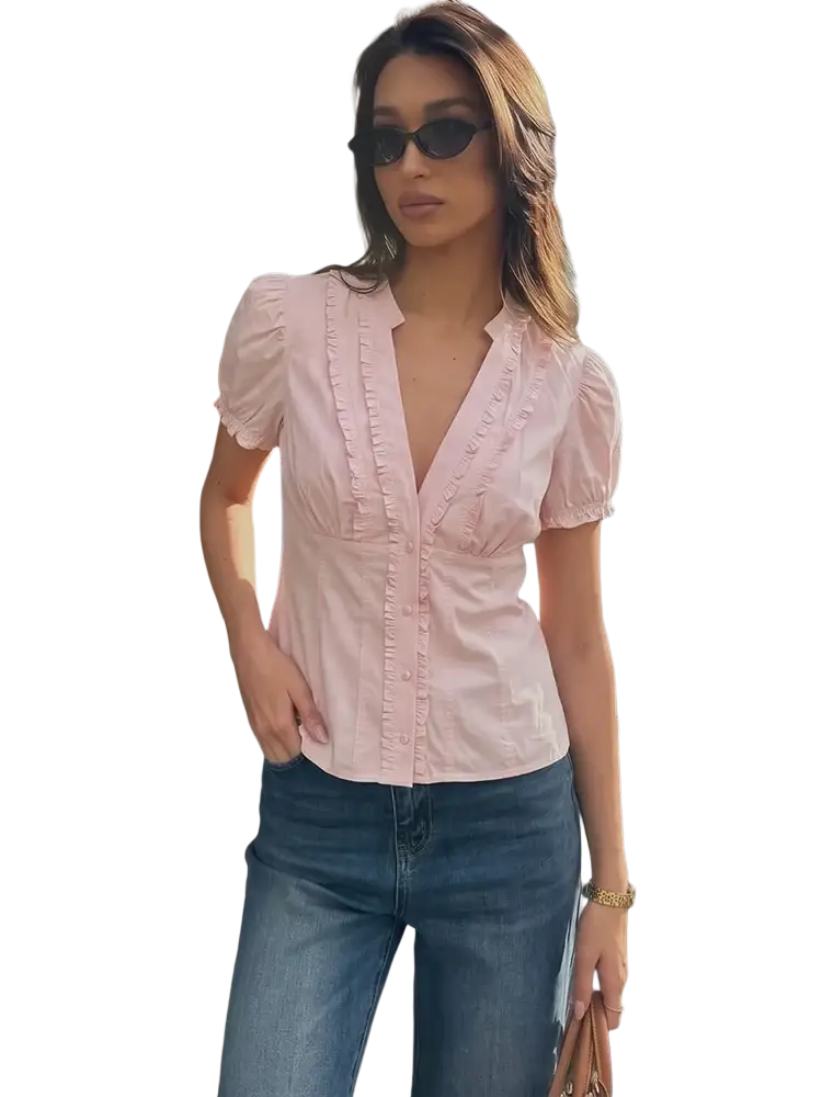 Pink single breasted blouse with short ruffled sleeves button front and gathered waist for stylish casual wear