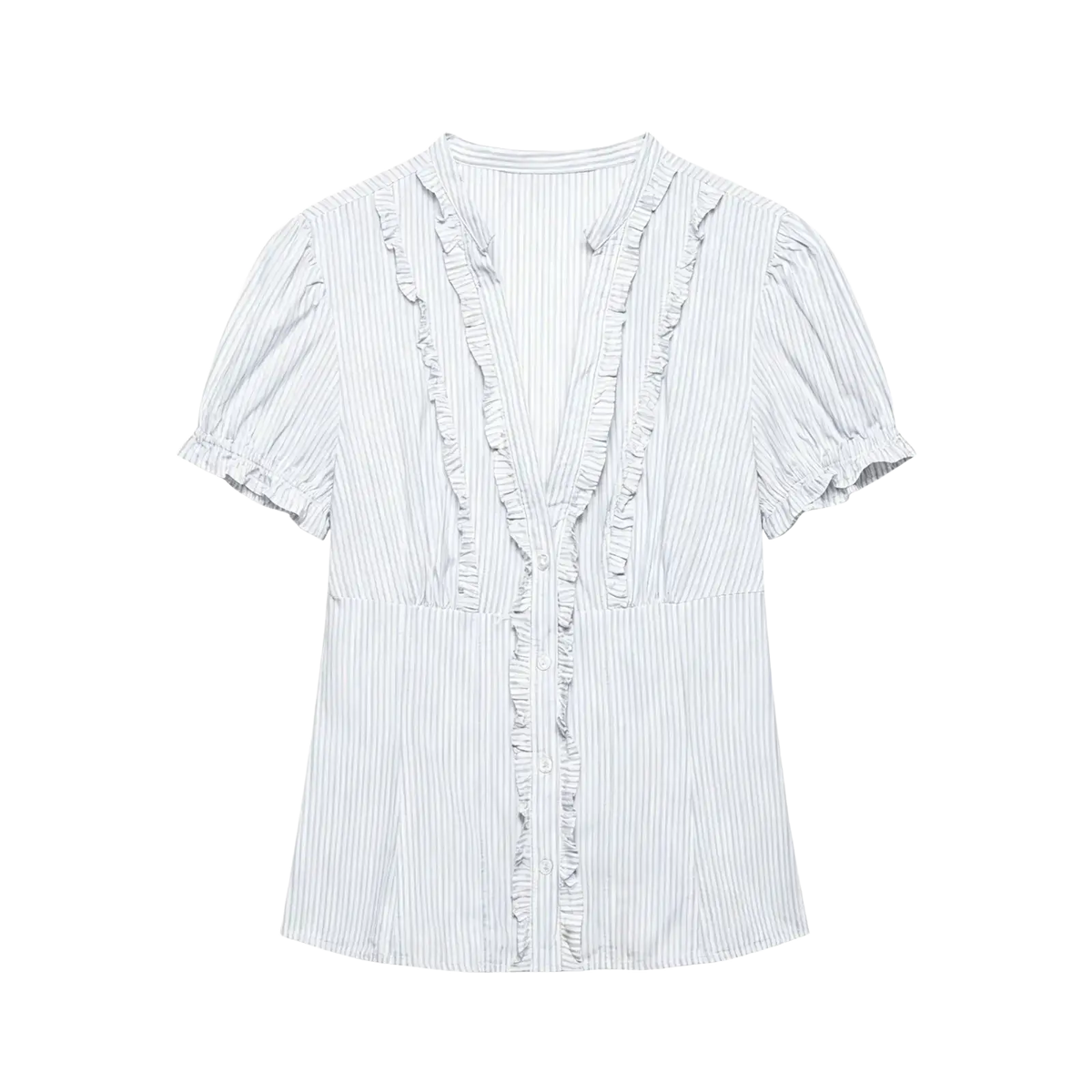 Single breasted white blouse with thin blue vertical stripes and ruffled detailing along neckline and front placket