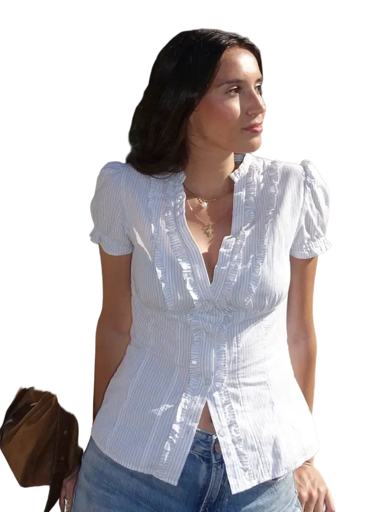 Single breasted white striped short sleeve blouse with ruffled detailing and v-neckline for elegant wear