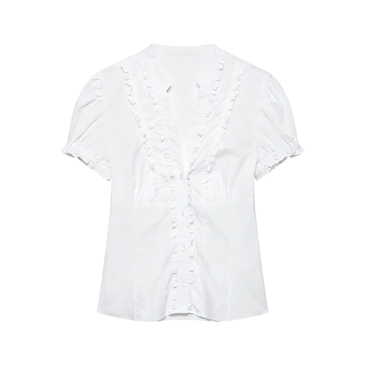 Single breasted white short sleeved blouse with ruffled detailing along the neckline and front placket