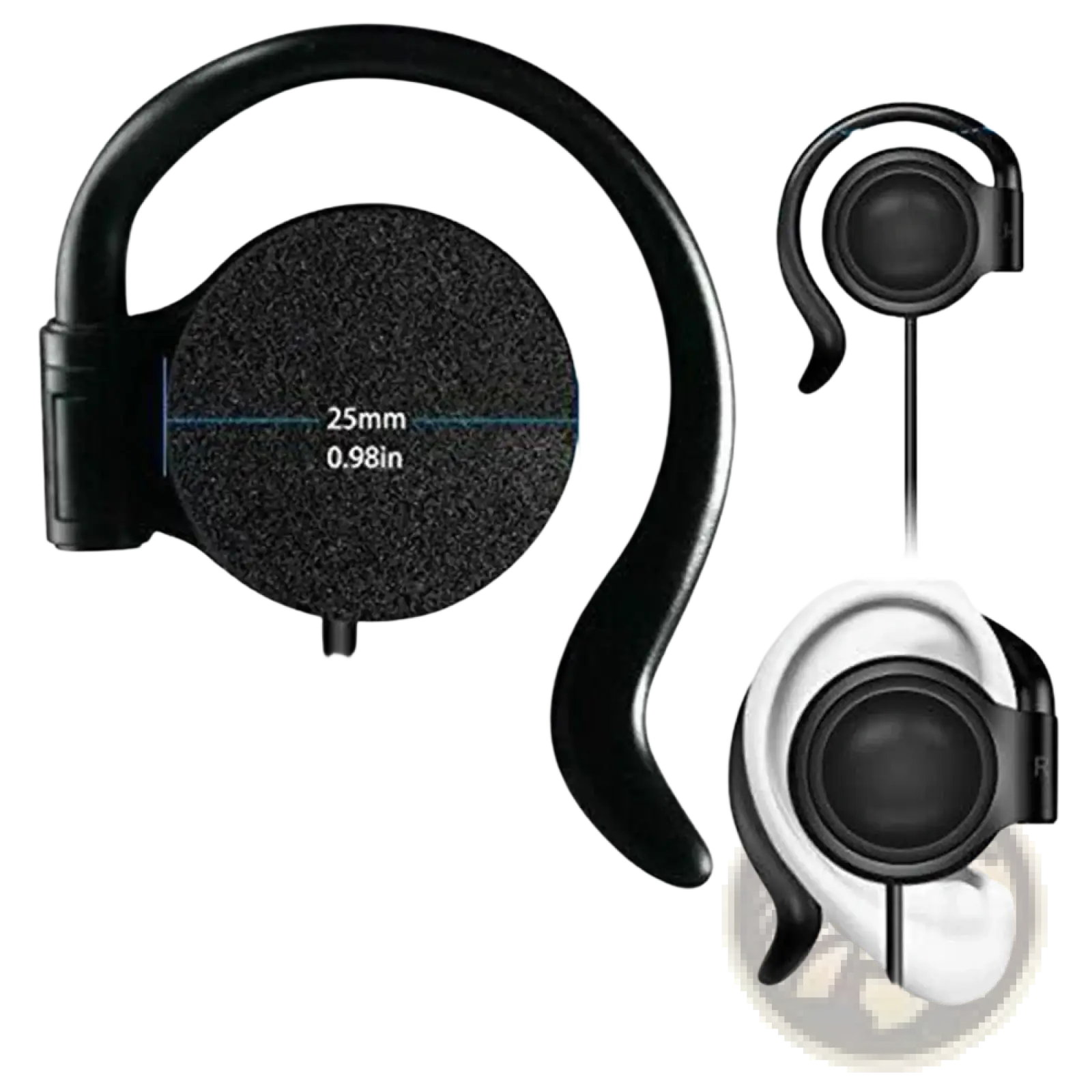 Single ear hook 3.5mm wired headphone in black with flexible rubber construction and soft sponge ear pads for comfort