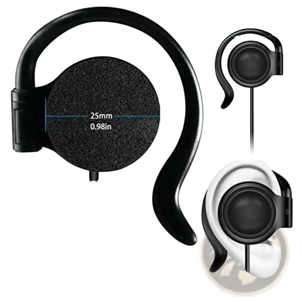 Single ear hook 3.5mm wired headphone in black features flexible rubber construction with soft sponge ear pads for comfort