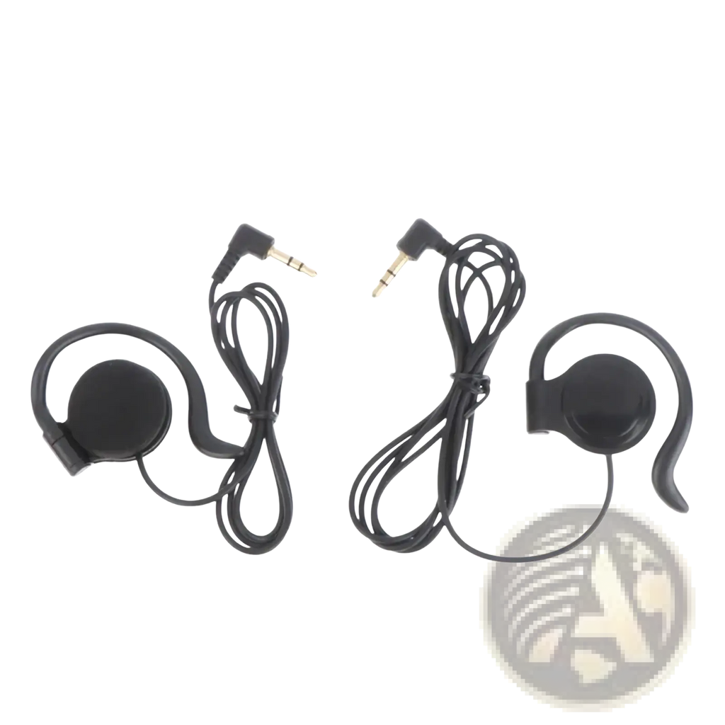 Single ear hook 3.5mm wired headphone with black over-the-ear earpiece, coiled cable, and angled audio jacks