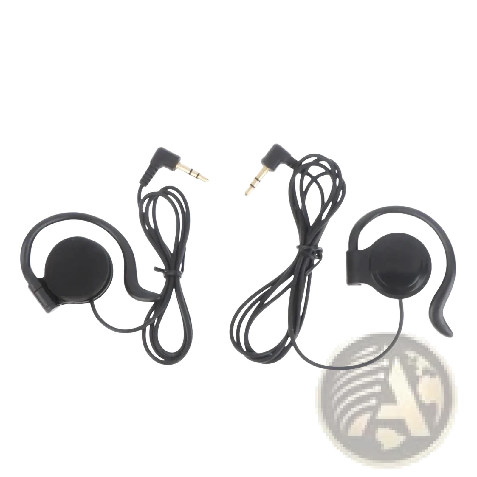 Single ear hook 3.5mm wired headphone with black over-the-ear earpiece, coiled cable, and angled audio jacks