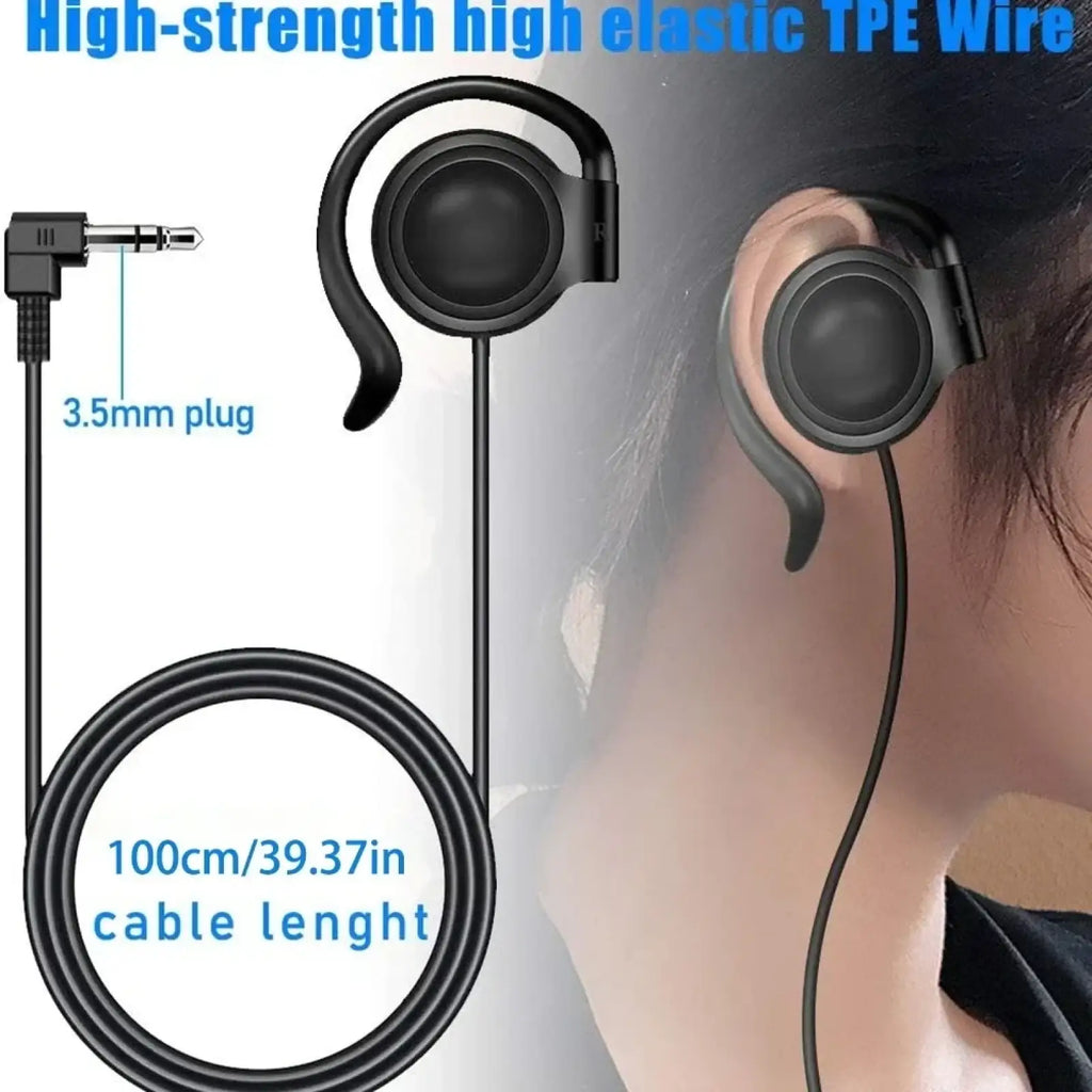 Black single ear hook 3.5mm wired headphone with curved design and high-strength elastic tpe wire for durability