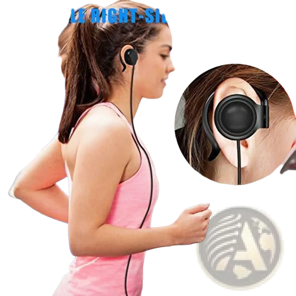 Black single right-side ear hook 3.5mm wired headphone with sleek curved design and thin wire for secure fit