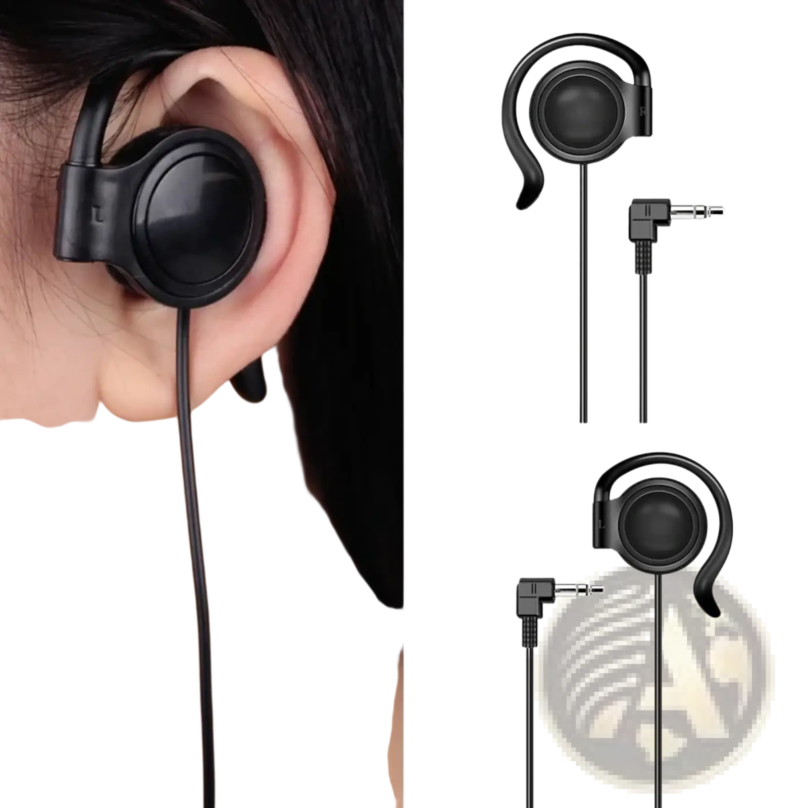 Black single ear hook 3.5mm wired headphone with curved earhook and angled jack cable for secure fit