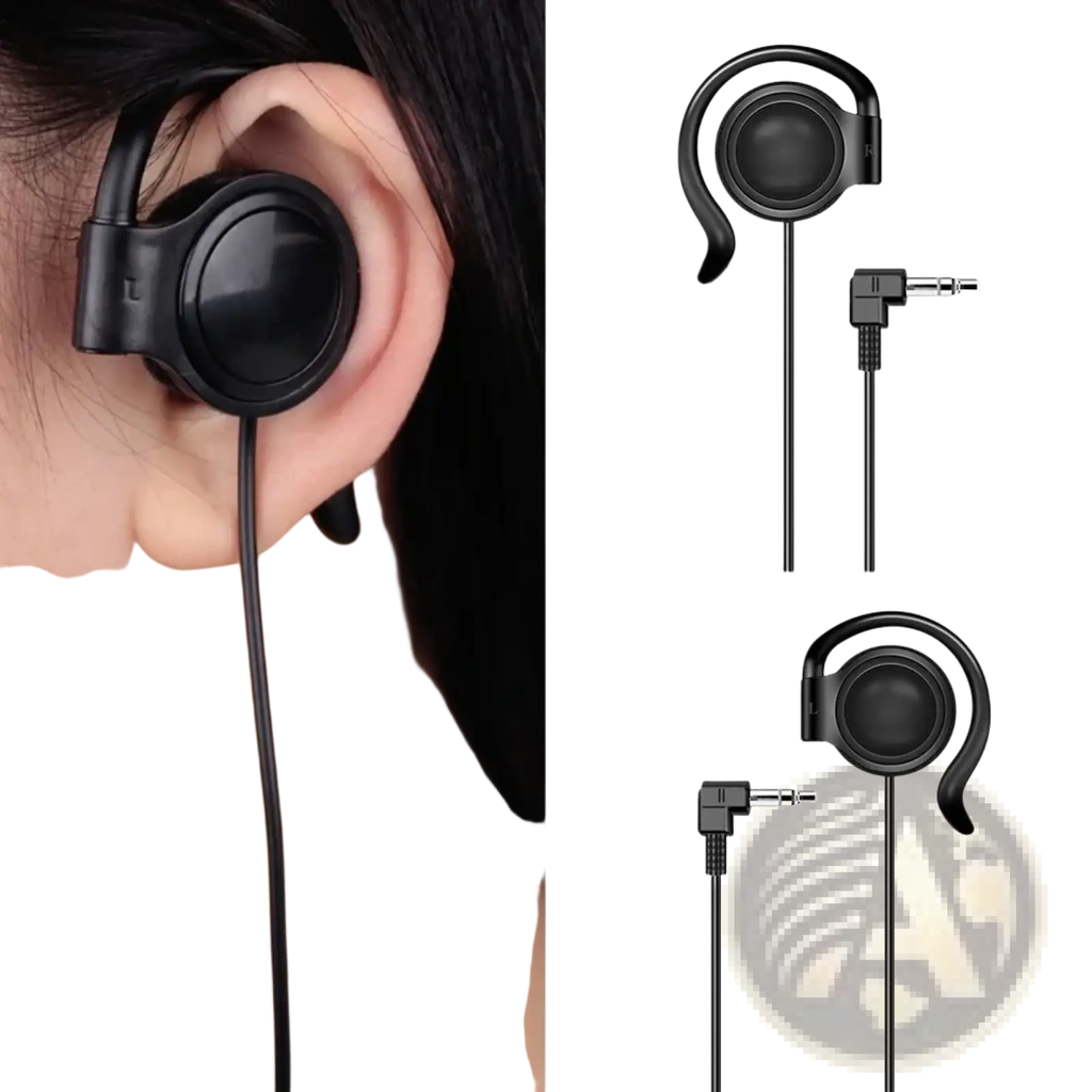 Black single ear hook 3.5mm wired headphone with curved earhook and angled jack cable for secure fit