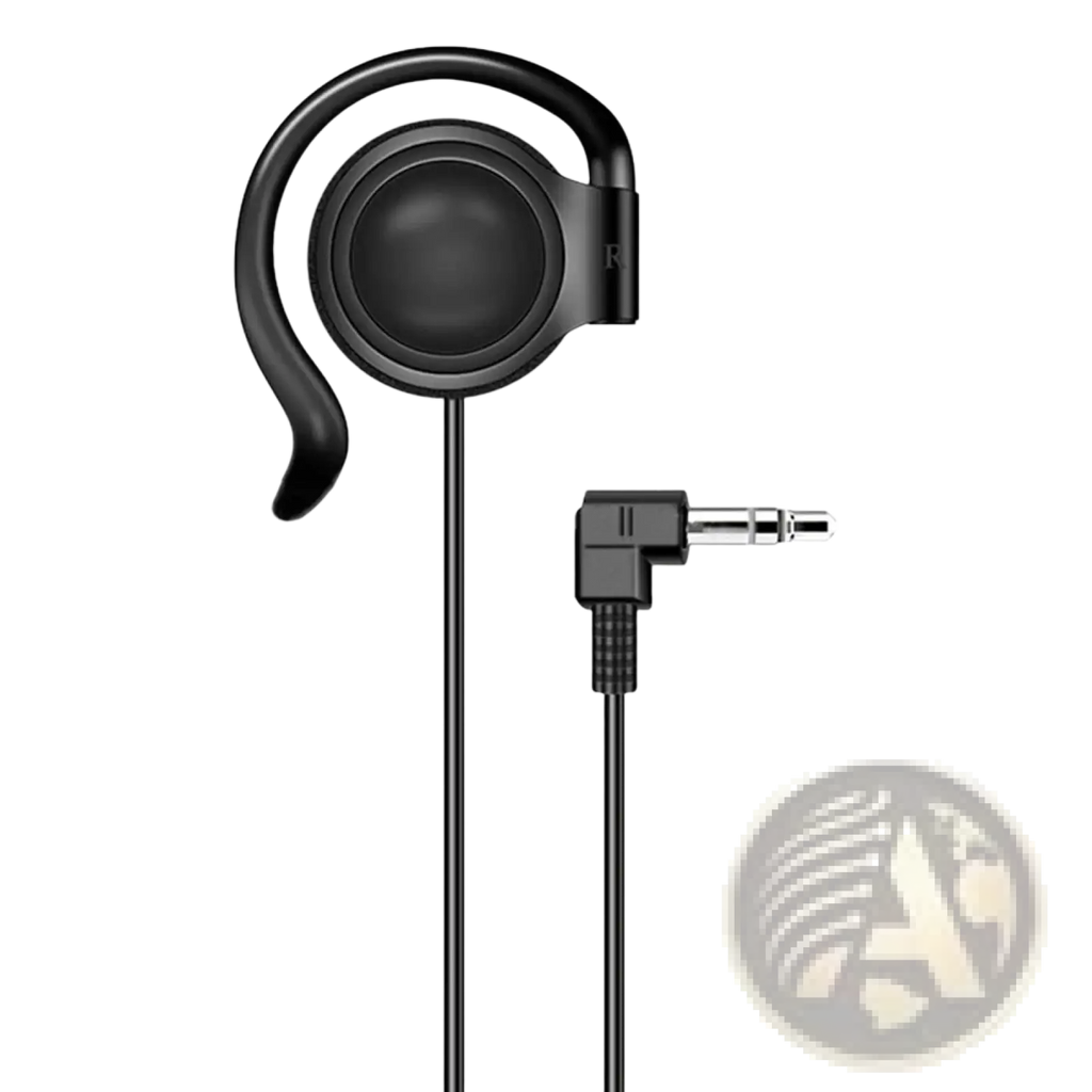 Black single ear hook 3.5mm wired headphone with angled audio jack and ergonomic in-ear design for secure fit