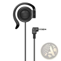 Black single ear hook 3.5mm wired headphone with angled audio jack and ergonomic in-ear design for secure fit