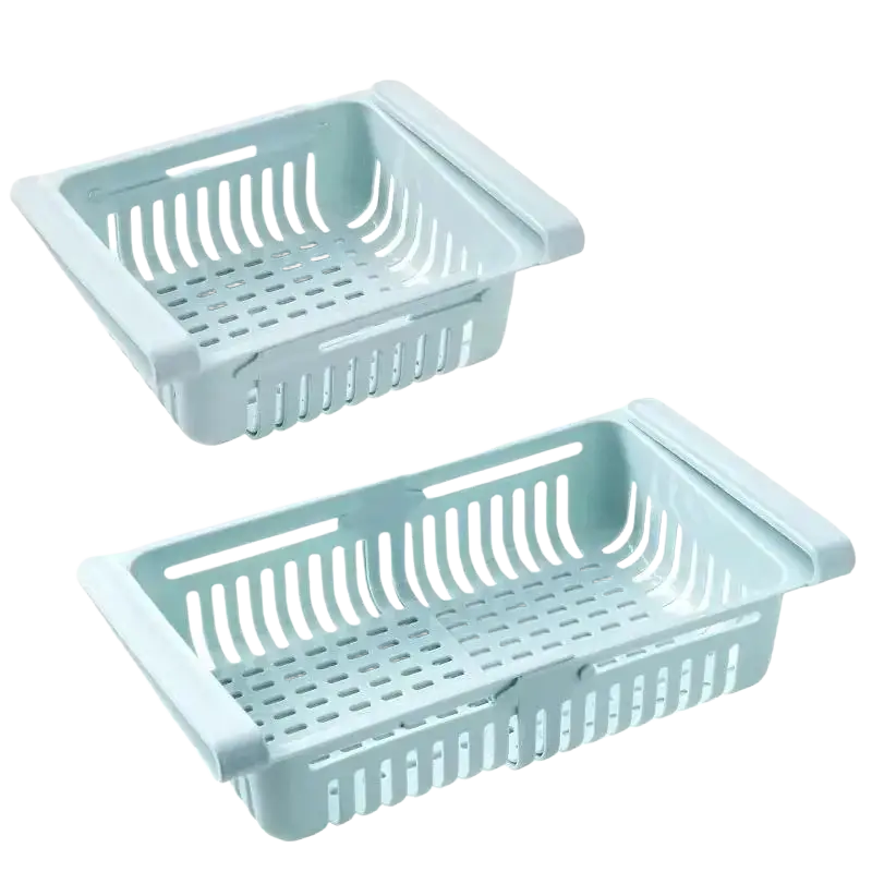 Light blue food-grade polypropylene sink drain rack with slotted sides and handles for adjustable kitchen use