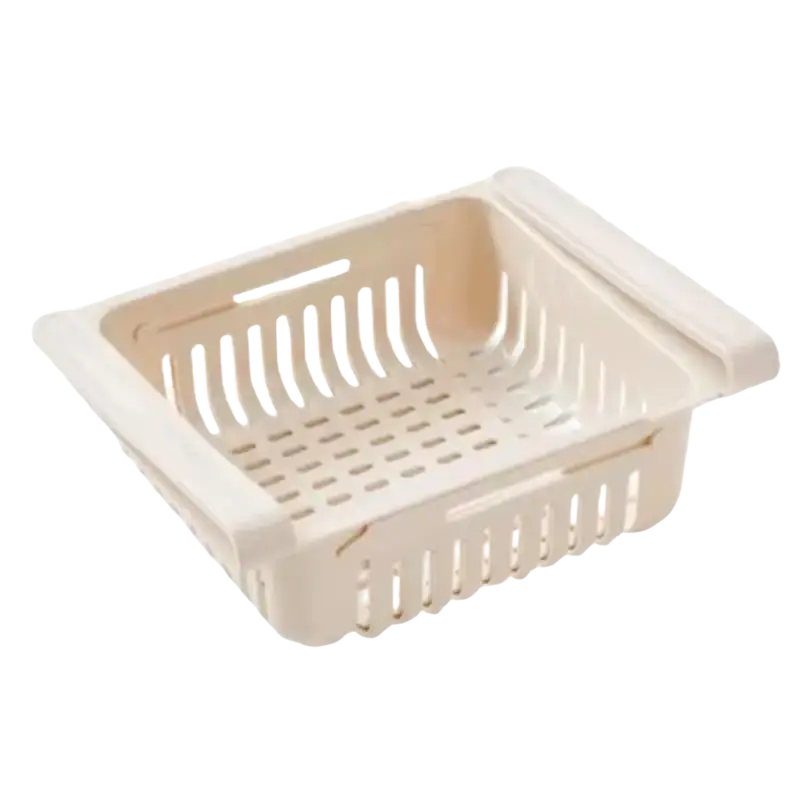 Beige food-grade polypropylene sink drain rack with slotted sides and perforated base for kitchen organization