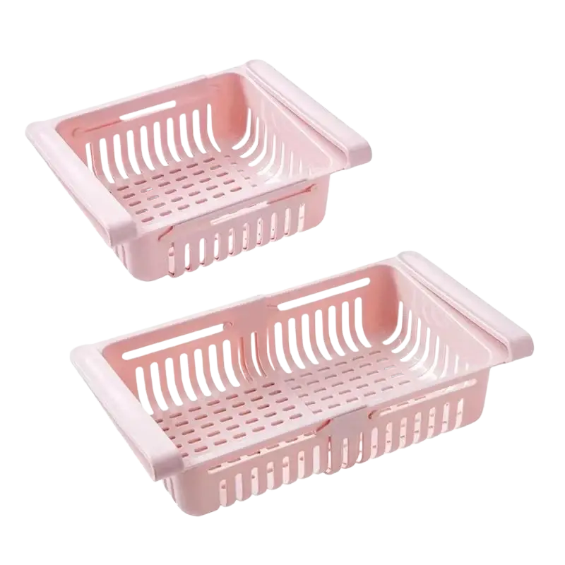 Pink plastic sink drain rack with slotted sides and perforated base made of food-grade polypropylene