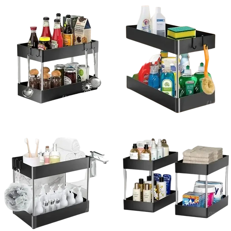 Black two-tiered sink organizer with stainless steel frame and storage rack for kitchen and bathroom cabinet storage rack