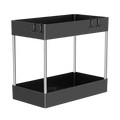 Black two-tiered sink organizer with silver metal legs and hooks storage rack for kitchen and bathroom cabinet storage rack