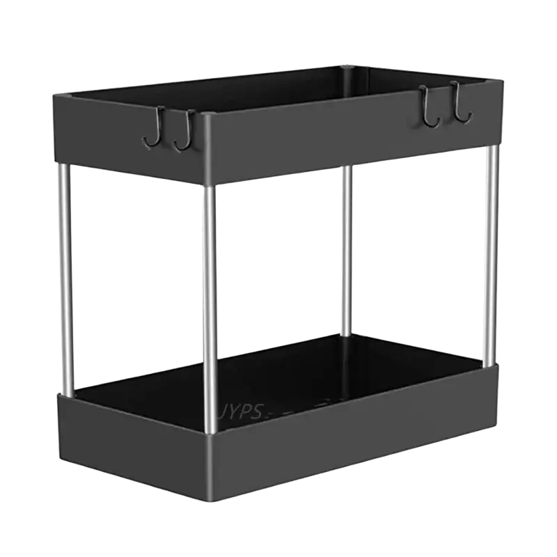 Black two-tiered sink organizer with silver metal legs and hooks storage rack for kitchen and bathroom cabinet storage rack