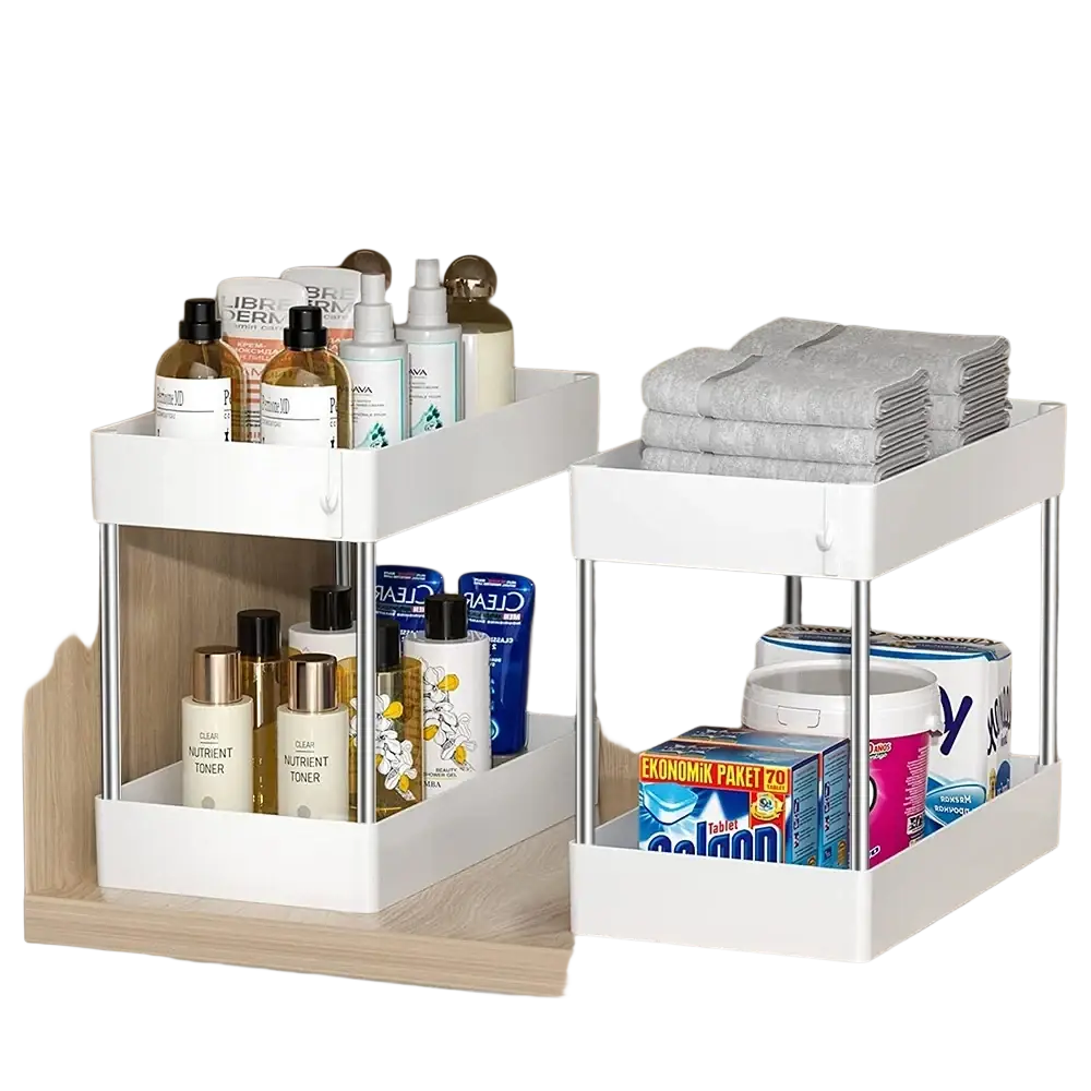 White two-tier rolling sink organizer with stainless steel legs for kitchen and bathroom cabinet storage rack