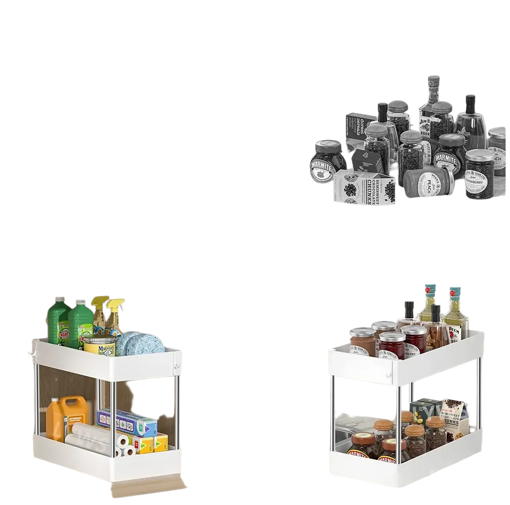 White two-tier rotating sink organizer storage rack for cabinet storage in kitchen and bathroom use