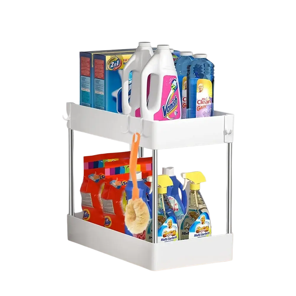 White two-tier rolling sink organizer with stainless steel sides and hooks for kitchen and bathroom storage rack
