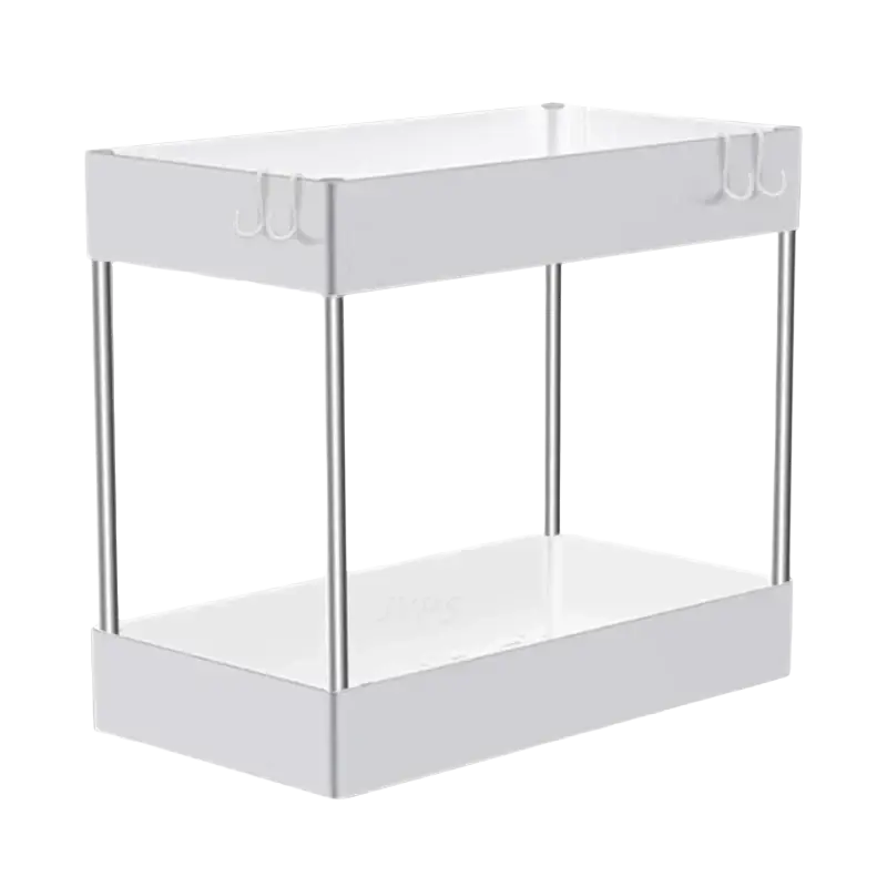 White two-tiered sink organizer storage rack with silver metal legs and hooks for kitchen and bathroom cabinet storage rack