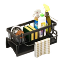 Black metal sink organizer with drainage rack towel holder and measuring dimensions for kitchen use