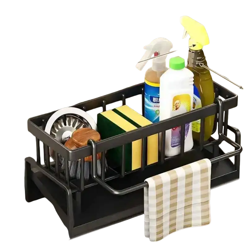 Black metal sink organizer with drainage rack towel holder and measuring dimensions for kitchen use