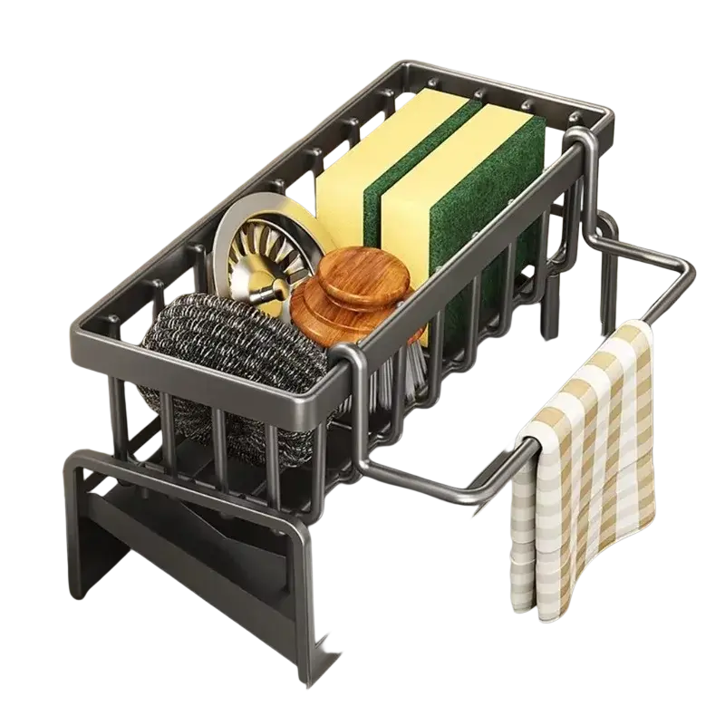 Dark gray metal sink organizer with drainage rack featuring a striped towel hanging from its side for kitchen use