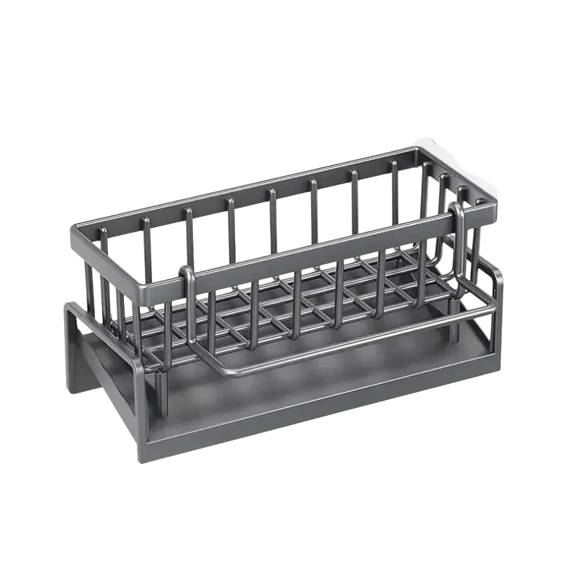 Gray metal rectangular sink organizer with wire grid design and solid base drainage rack for kitchen use