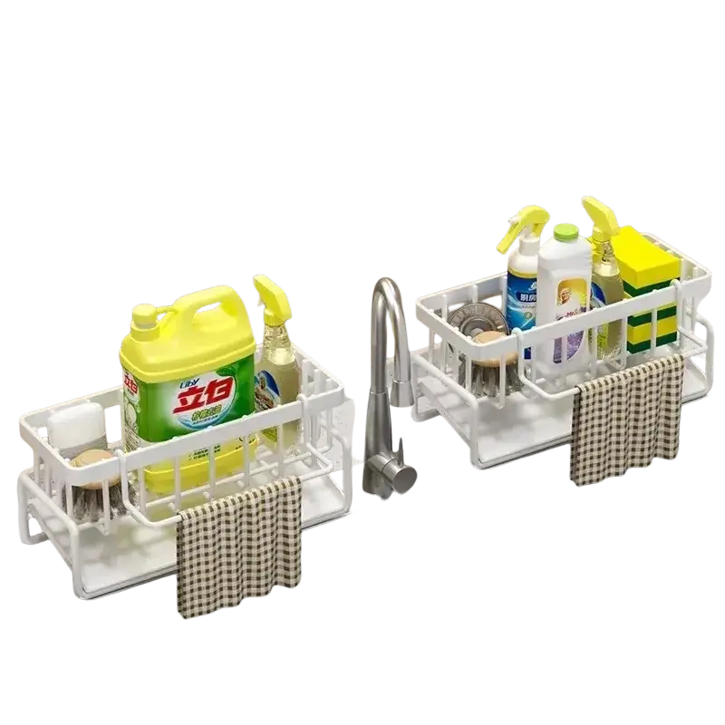 White plastic sink organizer with drainage rack, integrated towel hooks, and grid compartments for kitchen supplies