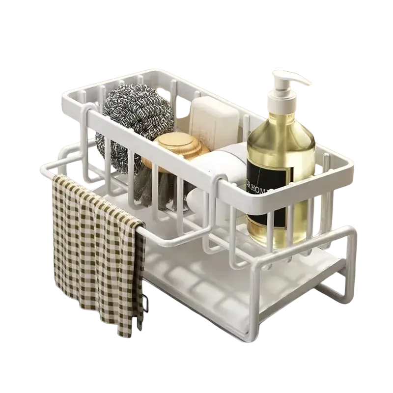 White plastic two-tier sink organizer with drainage rack and checkered towel hanging from its side